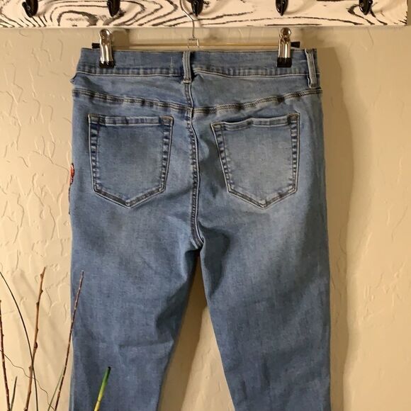 PACSUN blue stretch ankle jeggings embroidered rose detail medium wash SZ 28 - Picture 5 of 12